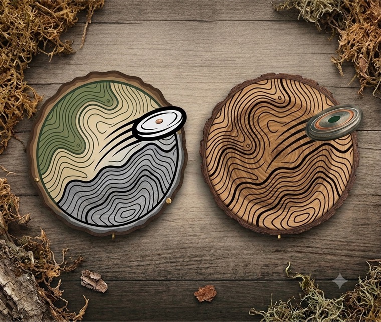 DiscPro marks rendered as wooden coasters on a weathered plank
