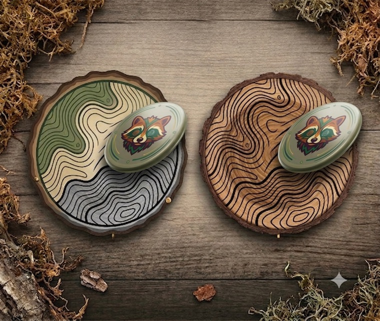 DiscPro discs and wooden coasters, each carrying the fox mascot