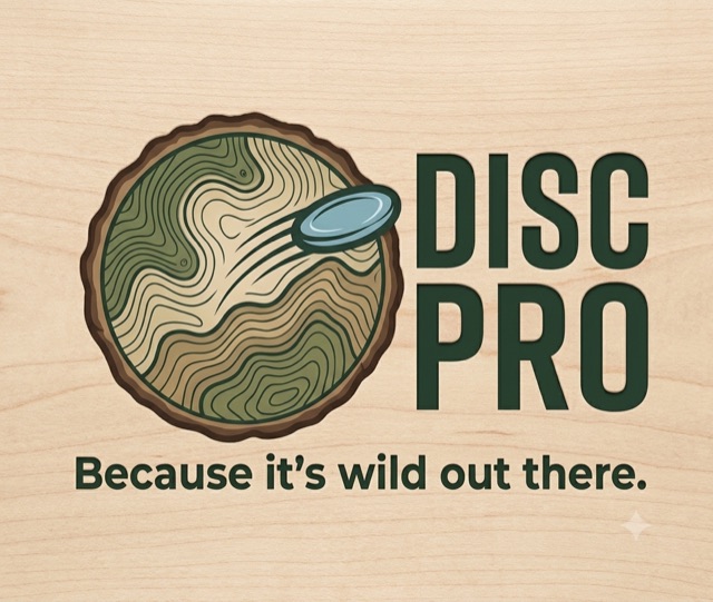DiscPro — a tree-ring cross-section with a disc carving a flight path through the grain